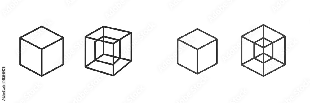 Poster exploring geometric shapes with wireframe cubes and three-dimensional designs in a minimalist style