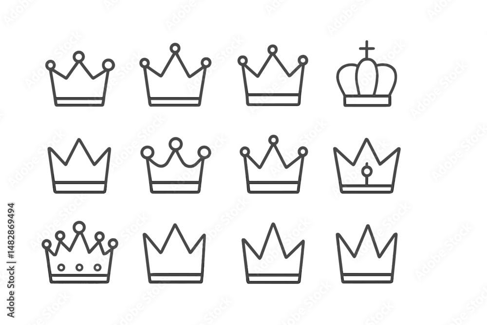 Poster collection of simple crown designs featuring various styles and shapes for graphic use