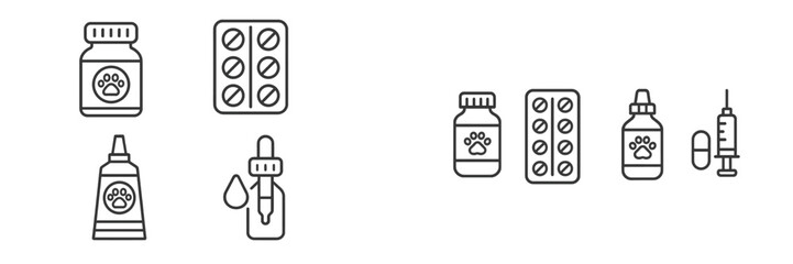 Obraz premium Illustration of pet medications, including bottles, pills, and syringes in a simple design