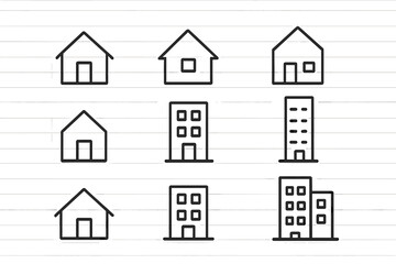 Fototapeta premium Simple line drawings of various house and building designs on a grid pattern background