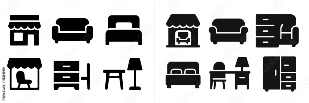 Poster unique black silhouette designs of various furniture pieces displayed in two separate groups on a cl