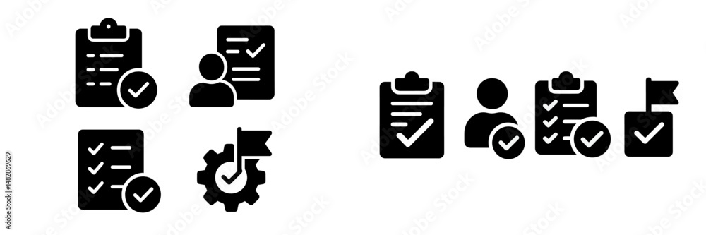 Poster symbols of teamwork and organization featuring checklists and people engaged in task management