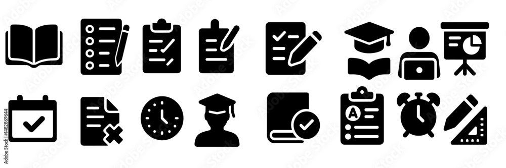Poster various icons representing education, tasks, and time management in a minimalist style for academic 