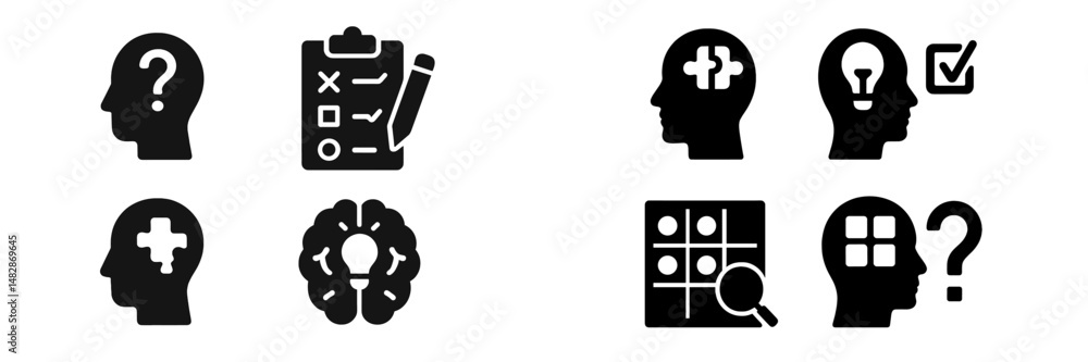Poster symbolic representations of mental activities and problem-solving techniques in black silhouette des