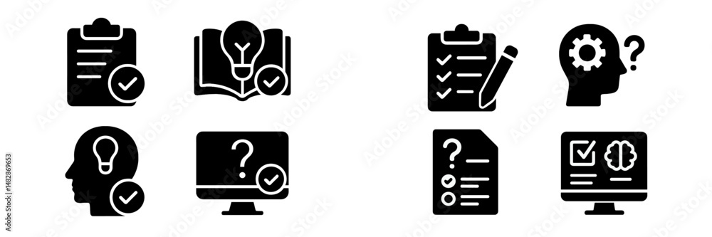 Poster icons representing evaluation, problem-solving, and knowledge acquisition in a digital learning envi