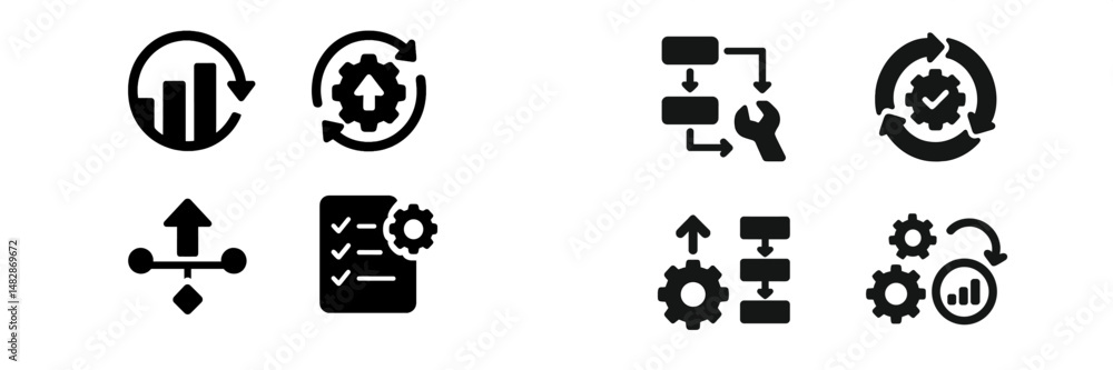 Poster icons representing data analysis and workflow management for efficient operations