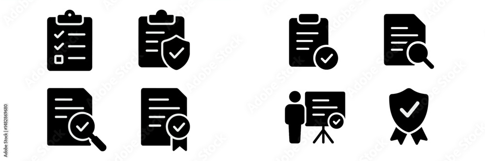 Poster checklist and document icons representing approval and verification in a professional setting