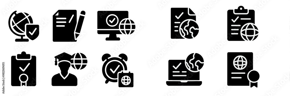 Poster Icons representing online education and global learning, showcasing various elements of digital classrooms and certifications