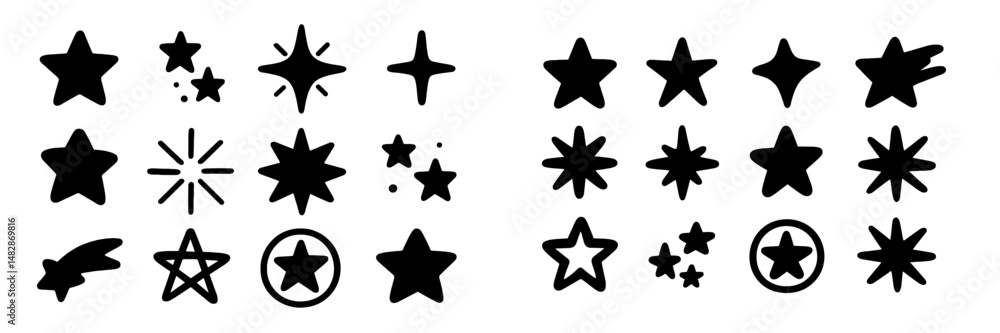 Poster Various black star shapes and designs suitable for creative projects in graphic design or artistic applications