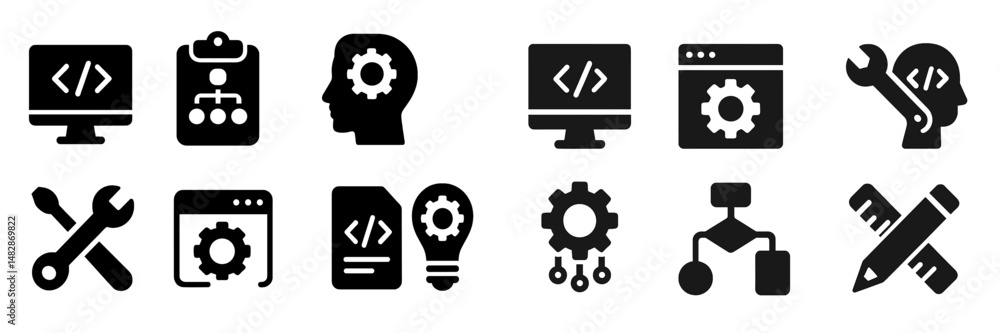 Poster Black icons representing technology and programming concepts on a clean white background showcasing various tools and ideas