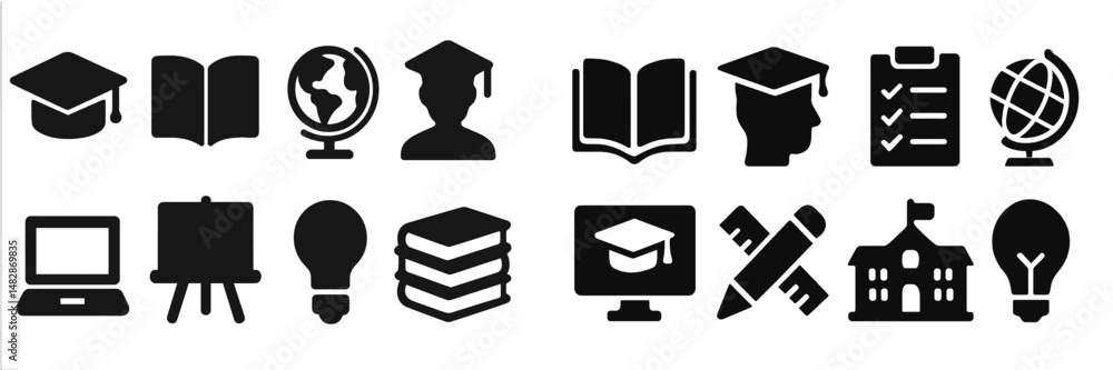 Aufkleber multiple educational symbols representing diverse academic activities and resources in a flat design