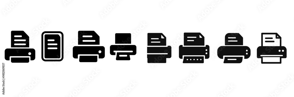 Poster design showing various printer icons illustrating printing technology evolution in simple black grap