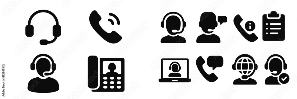 Poster various icons representing customer service operations and communication methods including headsets,