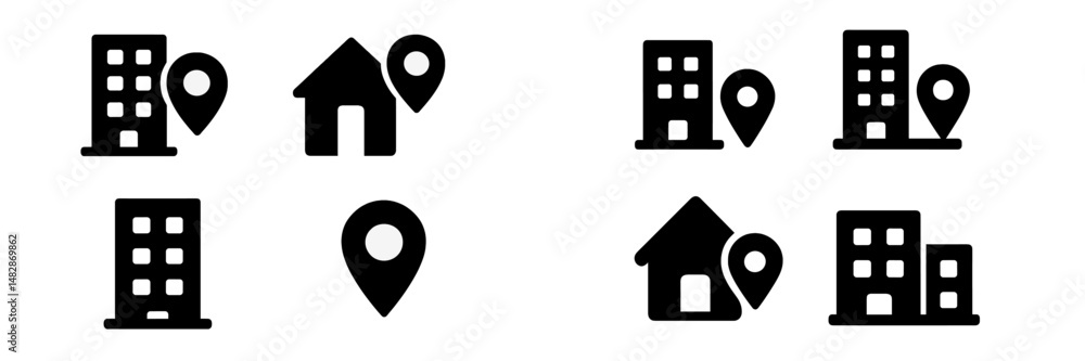Poster Various location marker icons representing buildings and houses in a modern digital style for navigation or mapping applications