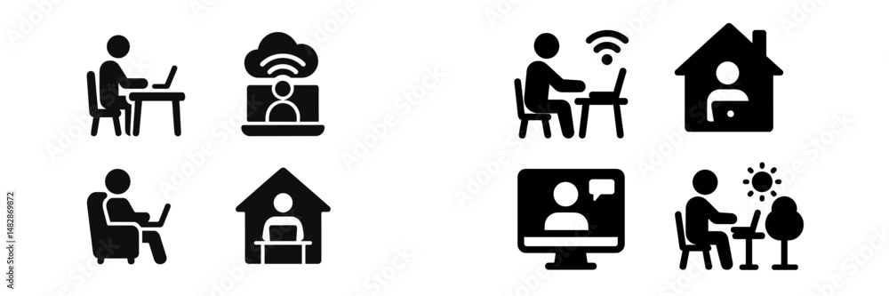 Poster flexible work setups show remote collaboration and home office activities during various times of th