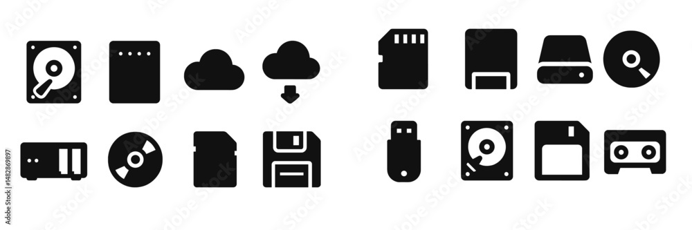 Poster various storage media icons representing digital data management and technology advancements in mode