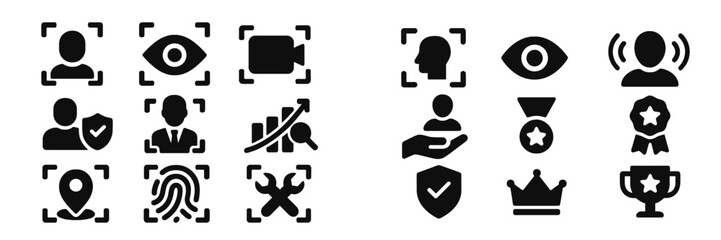 Icons representing various aspects of surveillance, privacy, and identity verification in a modern digital context