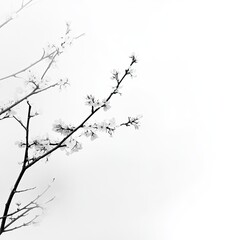 Delicate blossoms on a misty branch, minimalist monochrome aesthetic