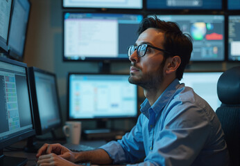 System security specialist in front of monitors. Person working in data information protection in monitoring room, computer security engineer on cyber security job