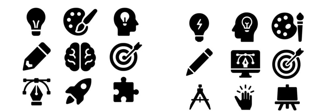 Creative icons showcasing artistic tools and concepts for design and innovation in a minimalist style