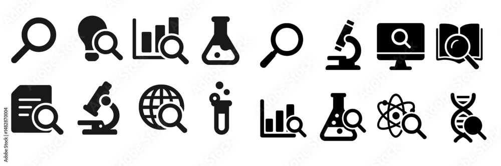 Poster collection of black research and science icons depicting various activities in a laboratory setting