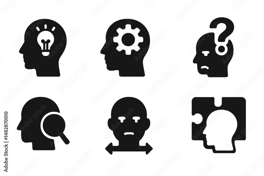 Poster Silhouettes illustrating concepts of creativity, problem-solving, and inquiry in a simple and modern design