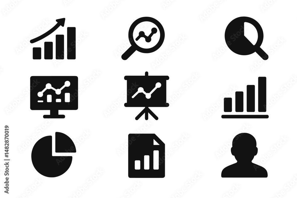 Poster graphs and icons representing data analysis and business statistics in a simple design