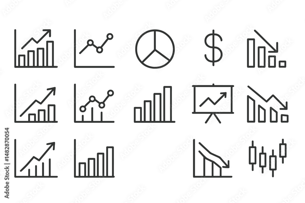 Aufkleber set of line graphs and financial symbols representing market trends and analysis in a clear, minimal