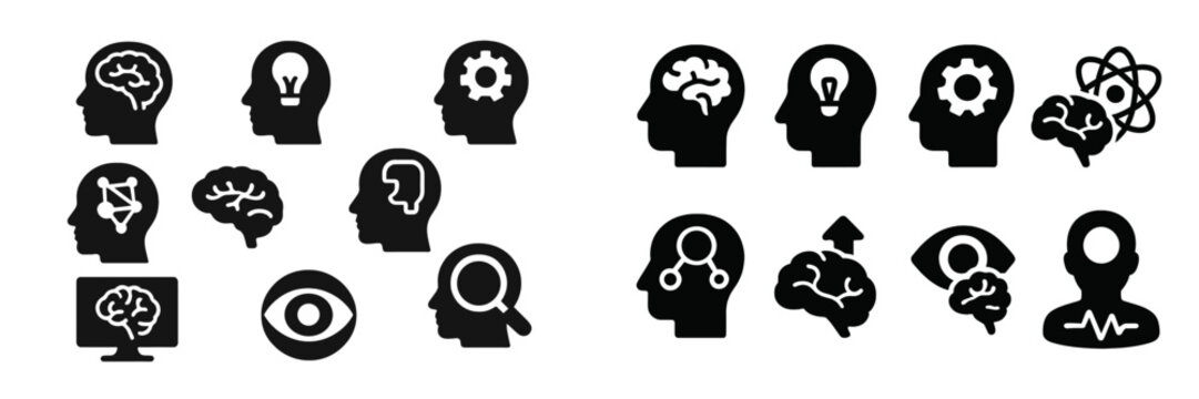 Various silhouette icons representing different aspects of mental processes and cognitive functions in a modern style