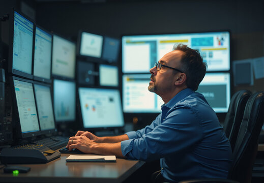 System security specialist in front of monitors. Man working in data information protection and cyber security in monitoring room