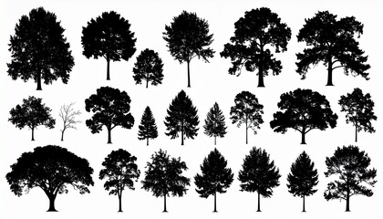 Silhouette trees on isolated white background, vector 