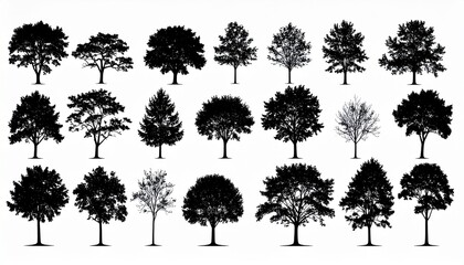 Fototapeta premium Silhouette trees on isolated white background, vector 