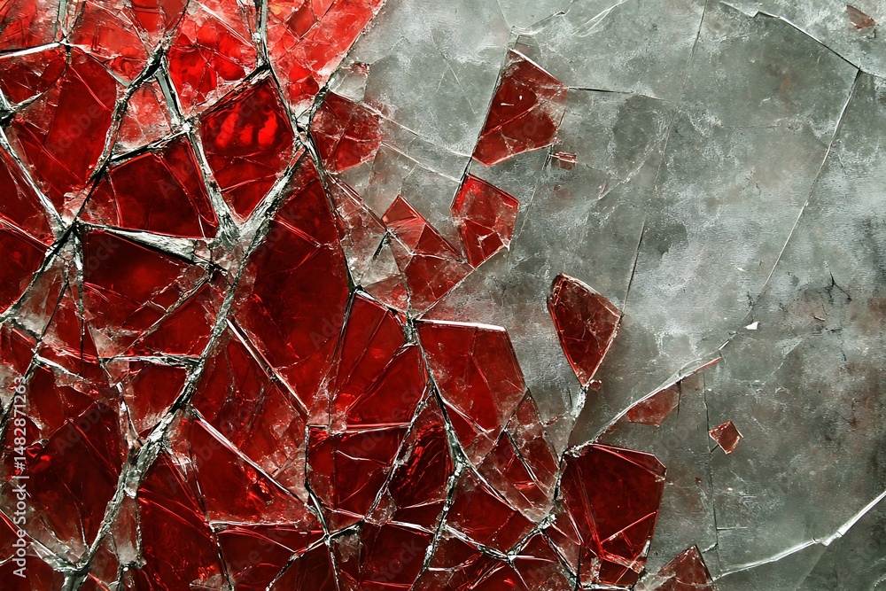 Poster aggressive abstract texture with shattered glass effects and pulsing red overlays. -