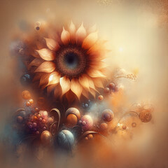 Abstract artistic depiction of sunflower with colorful orbs  
