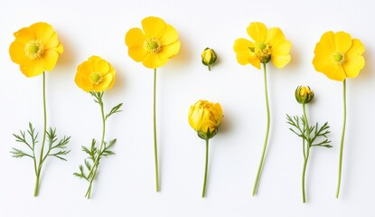 Fototapeta premium Bright Yellow Buttercup Flowers Arranged on White Background