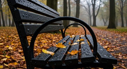 Wet park bench with autumn leaves resting on it in a misty outdoor setting