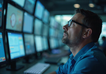 Technical engineer working with multiple displays in monitoring room. Data center server control, IT specialist working on project. Person working in data information protection