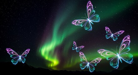 Obraz premium Magical Glowing Butterflies Against Aurora Borealis Night Sky