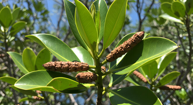 Detailed Mangrove Tree Featuring Green Leaves and Brown Propagules Under Bright Sky Highlighting Textures of Flora and Natural Growth