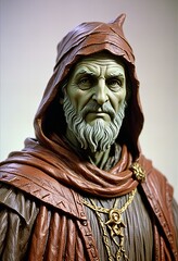 A sorcerer statue against a white backdrop.