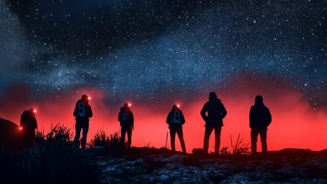 Stargazers admiring night sky under vibrant red aurora in desert landscape