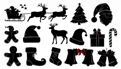 Vector set of Christmas Elements silhouettes. Santa Claus, sleigh, reindeer, tree