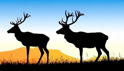 Obraz premium deer, reindeer, antlers, buck, silhouette, vector, illustration, animal, wildlife, forest, nature, mammal, horn, stag, winter, christmas, wild, outdoors, head, profile, brown, horns, male, standing, b