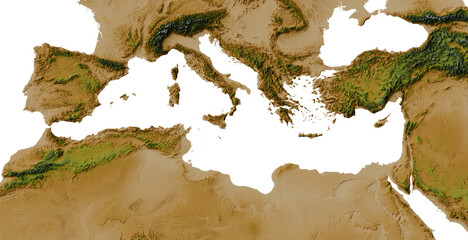 Colored terrain map of the Mediterranean region (Southern Europe, North Africa, LCC projection) © Terry