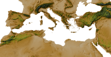 Colored terrain map of the Mediterranean region (Southern Europe, North Africa, LCC projection)