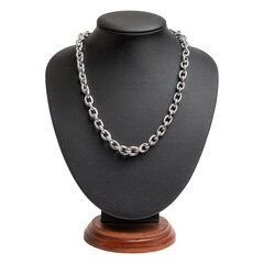 Elegant Silver Chain Necklace Displayed on Black Fabric Bust with Wooden Base for Jewelry Showcase