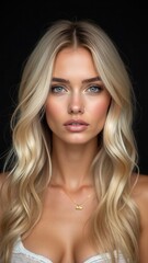 Naklejka premium Perfect portrait woman on a black background. Beautiful eyes, Natural beauty clean skin, face and hair care. Strong thick hair. Art Sexy beautiful blonde with halo over her head an.