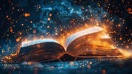 Illuminated open book with sparkling light effects