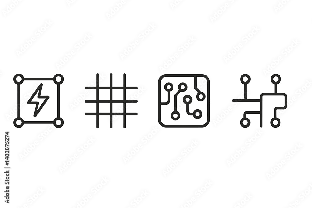 Poster graphic symbols representing technology concepts in a modern design style