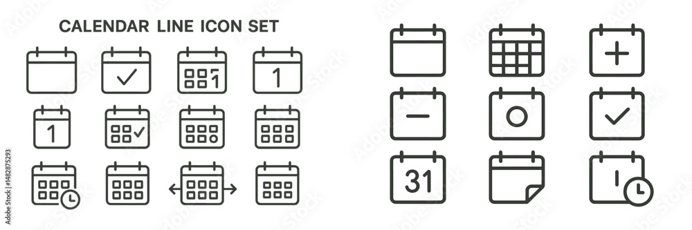 Poster calendar line icon set with various designs including dates and icons for planning and scheduling ac